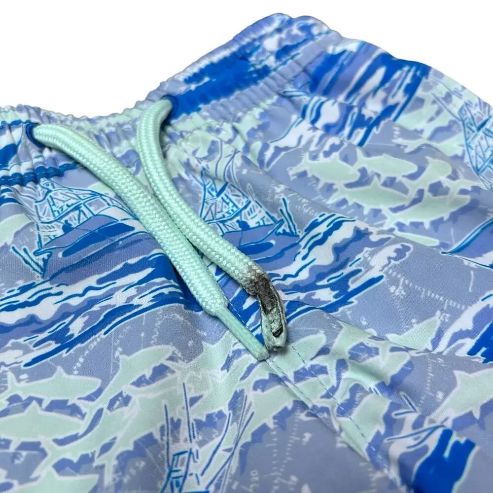 Vineyard Vines Swim Trunks Boy Toddler Swimsuit 2T Fishing Boat Ocean Blue Fish